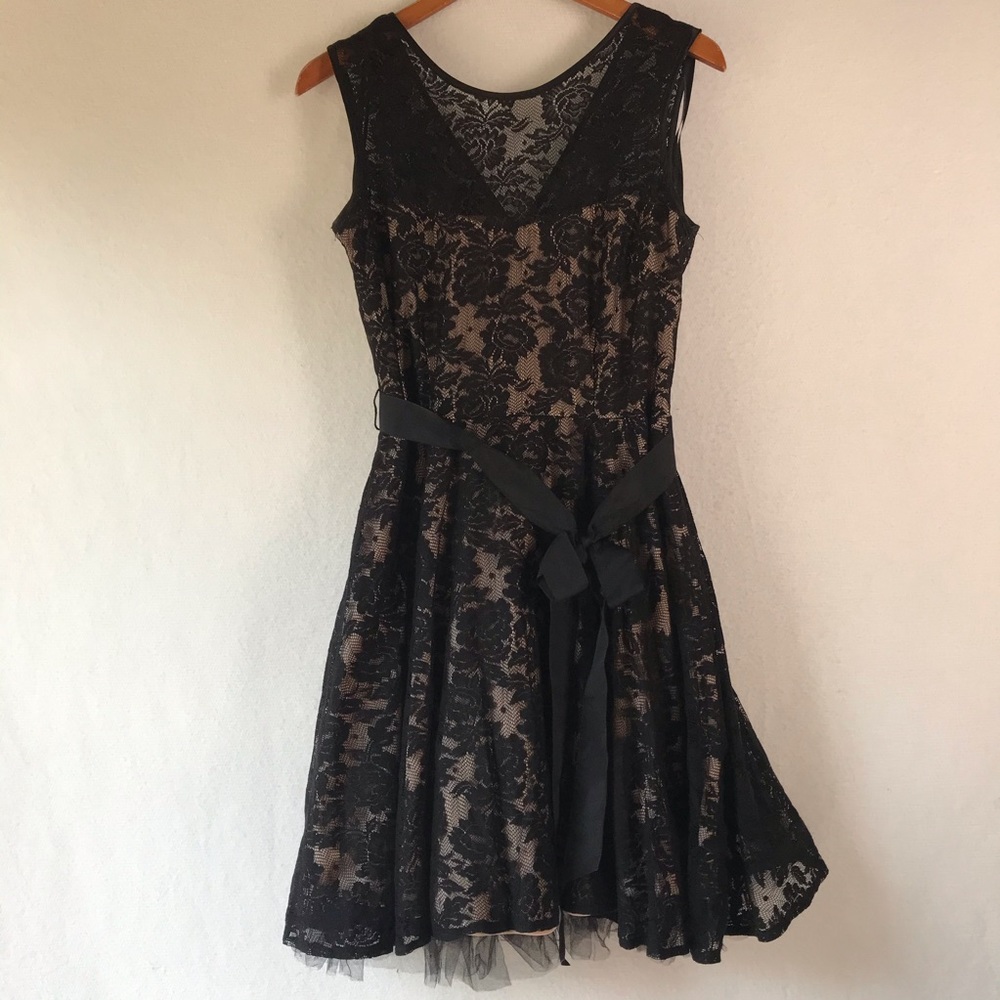 Y2K Black Sheer Lace Witch Whimsigoth Dress Floral Fit and Flare Party Lined 10